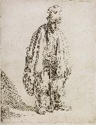 REMBRANDT Harmenszoon van Rijn Beggar in a high cap,Standing and Leaning on a stick oil painting reproduction